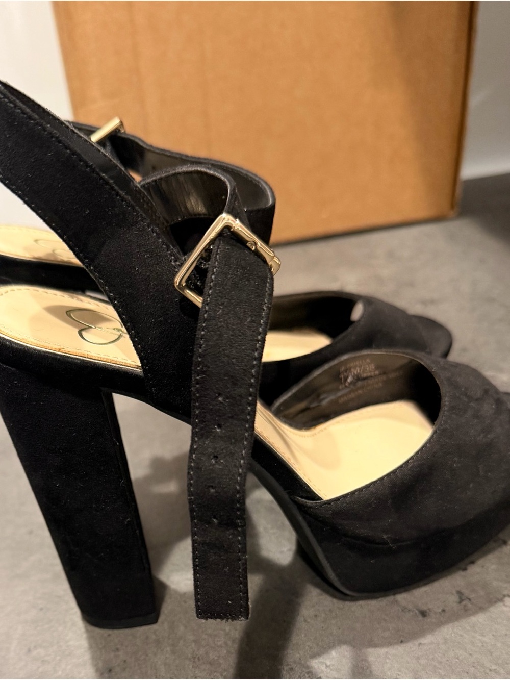 Jessica Simpson Black Suede Platform Block Heel Sandals with Gold Buckles